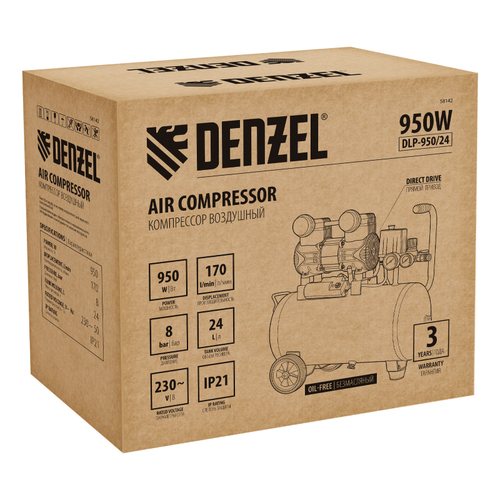 Компрессор безмасл. малошумный DLP-950/24, 950Вт,24 л, 2850 об/мин, 170 л/мин// Denzel