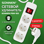 Удлинитель сетевой SONNEN PSW-303, 3 розетки c заземлением, выключатель 10 А, 3 м, белый, 513660