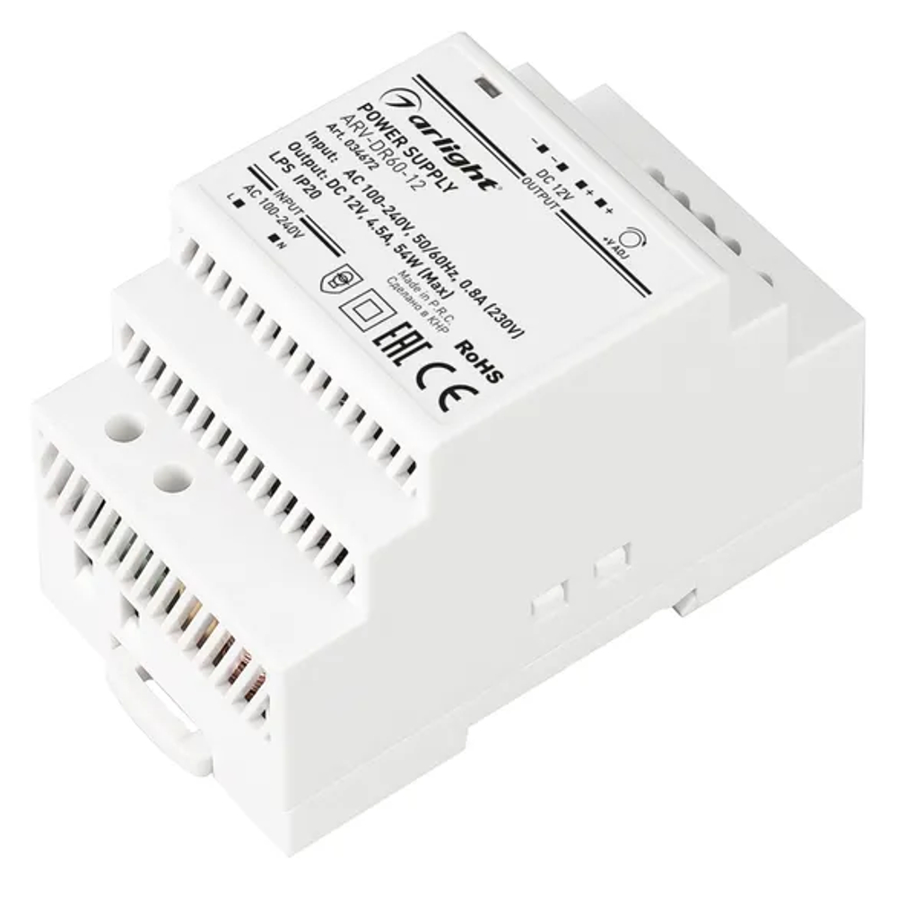 Блок питания ARV-DR60-12 (12V, 4,5A, 54W) (Arlight, IP20 DIN-рейка) 034672