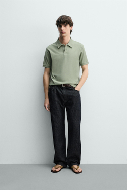 ZARA ПОЛО REGULAR FIT С РЕЛЬЕФНОЙ СТРУКТУРОЙ, ЗЕЛЕНЫЙ