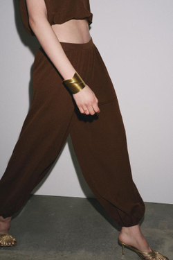 ZARA ТРИКОТАЖНЫЕ БРЮКИ СО СБОРКАМИ, ШОКОЛАДНЫЙ