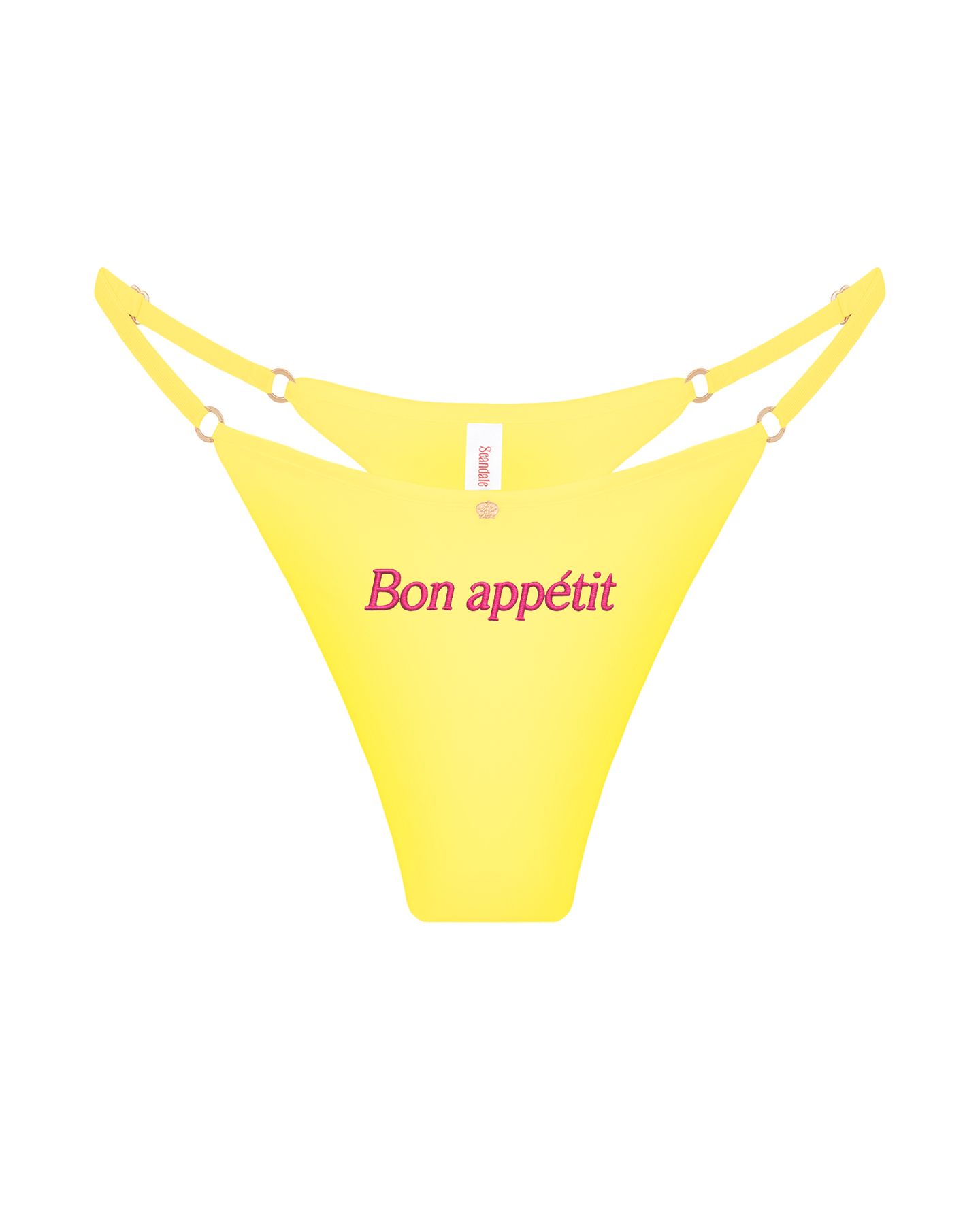 трусы стринги шелковые с надписью Bon appetit желтые