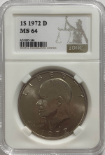 США 1 доллар (dollar) 1972 D "Эйзенхауэр" в слабе DNC (MS64)