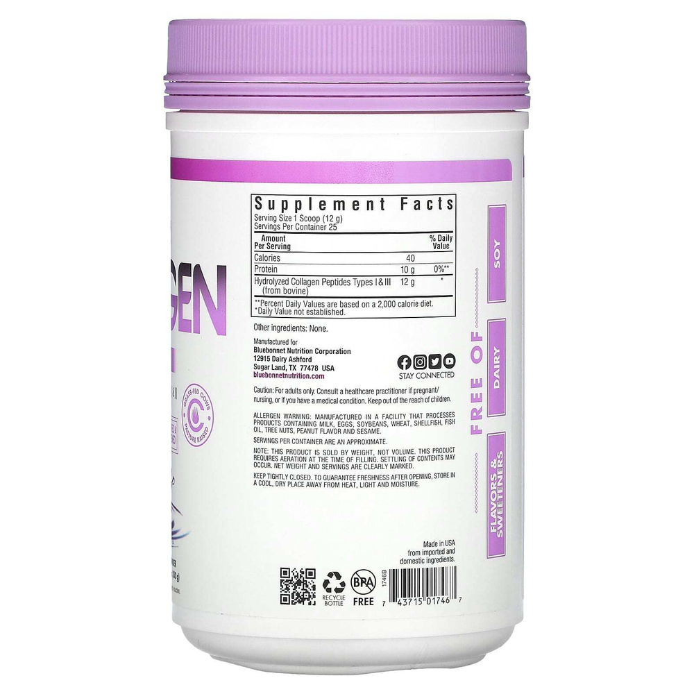 Bluebonnet Nutrition, Гидролизованный коллаген, без добавок, 300 г (10,58 унции)
