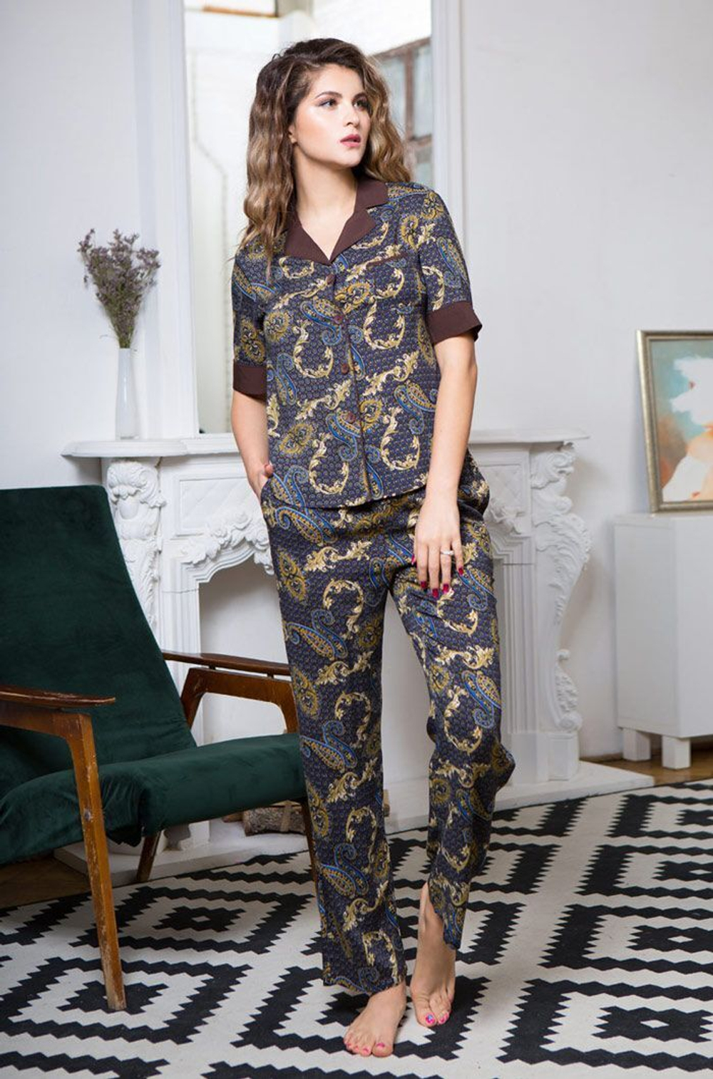 Домашний комплект Elania из принтованной вискозы (Размер: XXXL) (Цвет: коричневый)