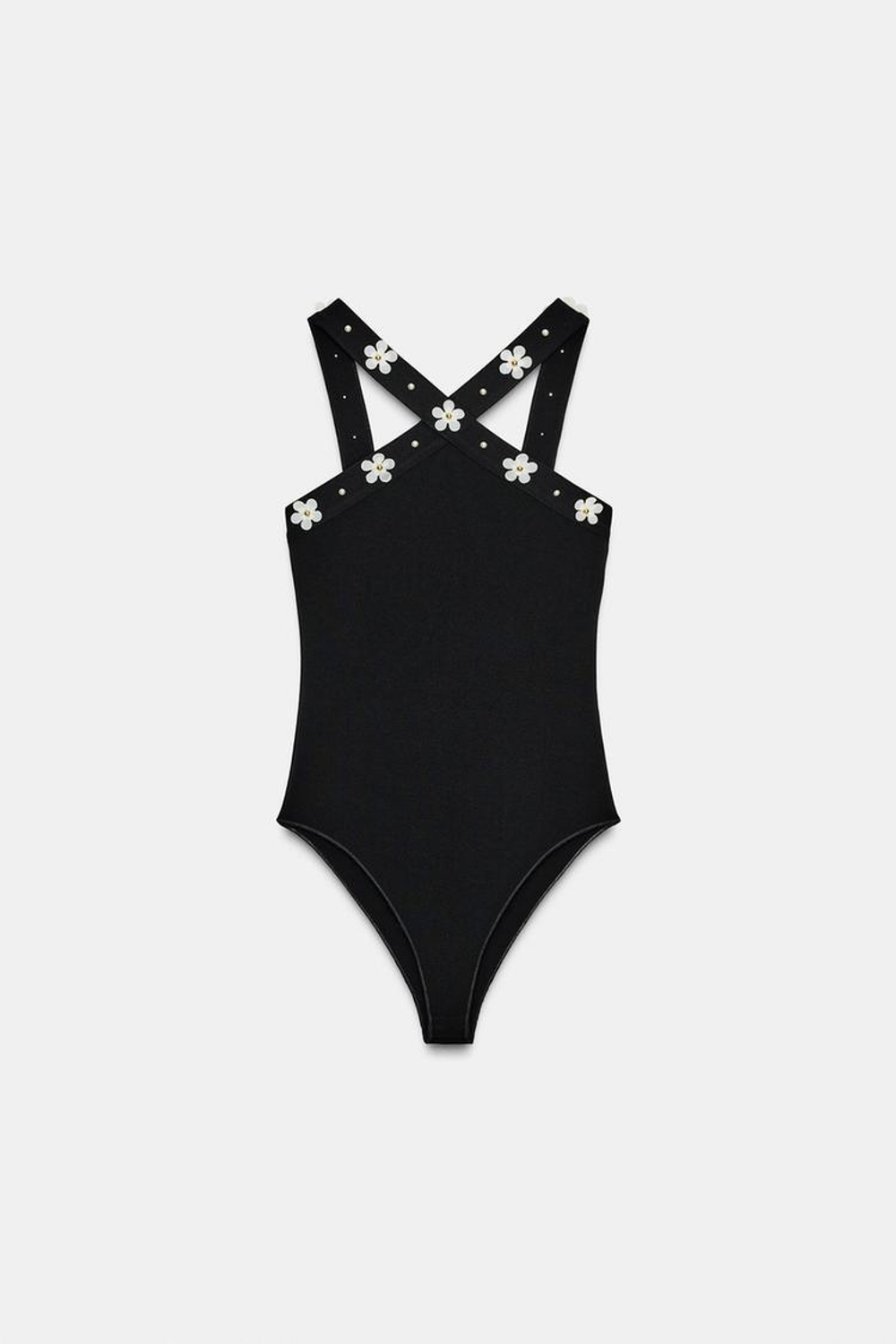 ZARA ЭЛАСТИЧНОЕ БОДИ С ГОРЛОВИНОЙ ХАЛТЕР И ЦВЕТАМИ, ЧЕРНЫЙ