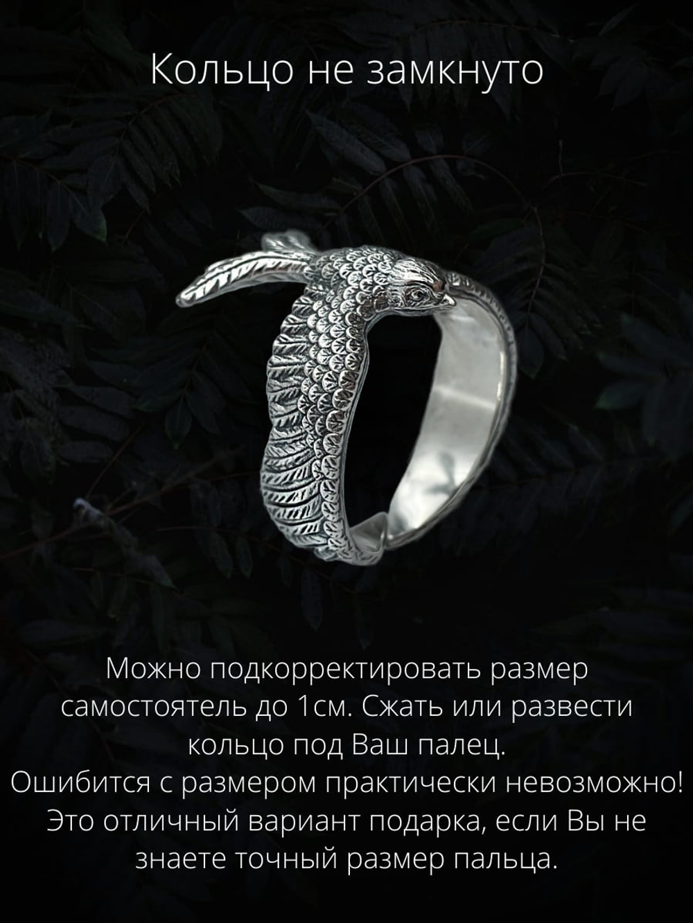 Фото с изображением незамкнутого кольца в виде птицы Ласточка из серебра