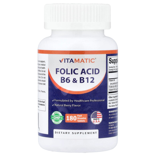 Vitamatic, Фолиевая кислота B6 и B12, натуральные ягоды, 180 быстро растворяющихся таблеток