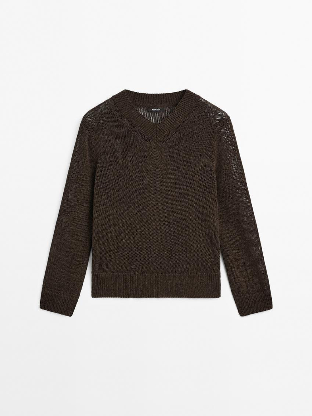 Massimo Dutti Свитер с V-образным вырезом из смесового хлопка, шоколадный