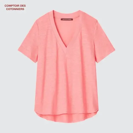 UNIQLO ЛЬНЯНАЯ ФУТБОЛКА С V-ОБРАЗНЫМ ВЫРЕЗОМ И КОРОТКИМИ РУКАВАМИ, РОЗОВЫЙ