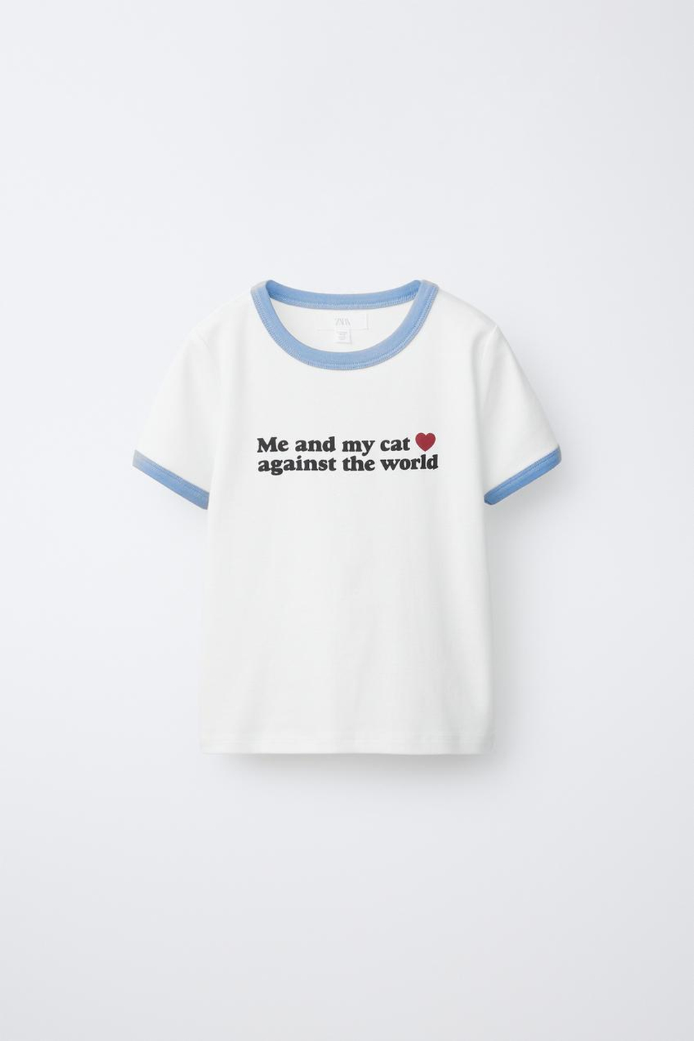 ZARA ФУТБОЛКА В РУБЧИК С КОНТРАСТНЫМ ТЕКСТОМ, ПАСТЕЛЬНО-СИНИЙ