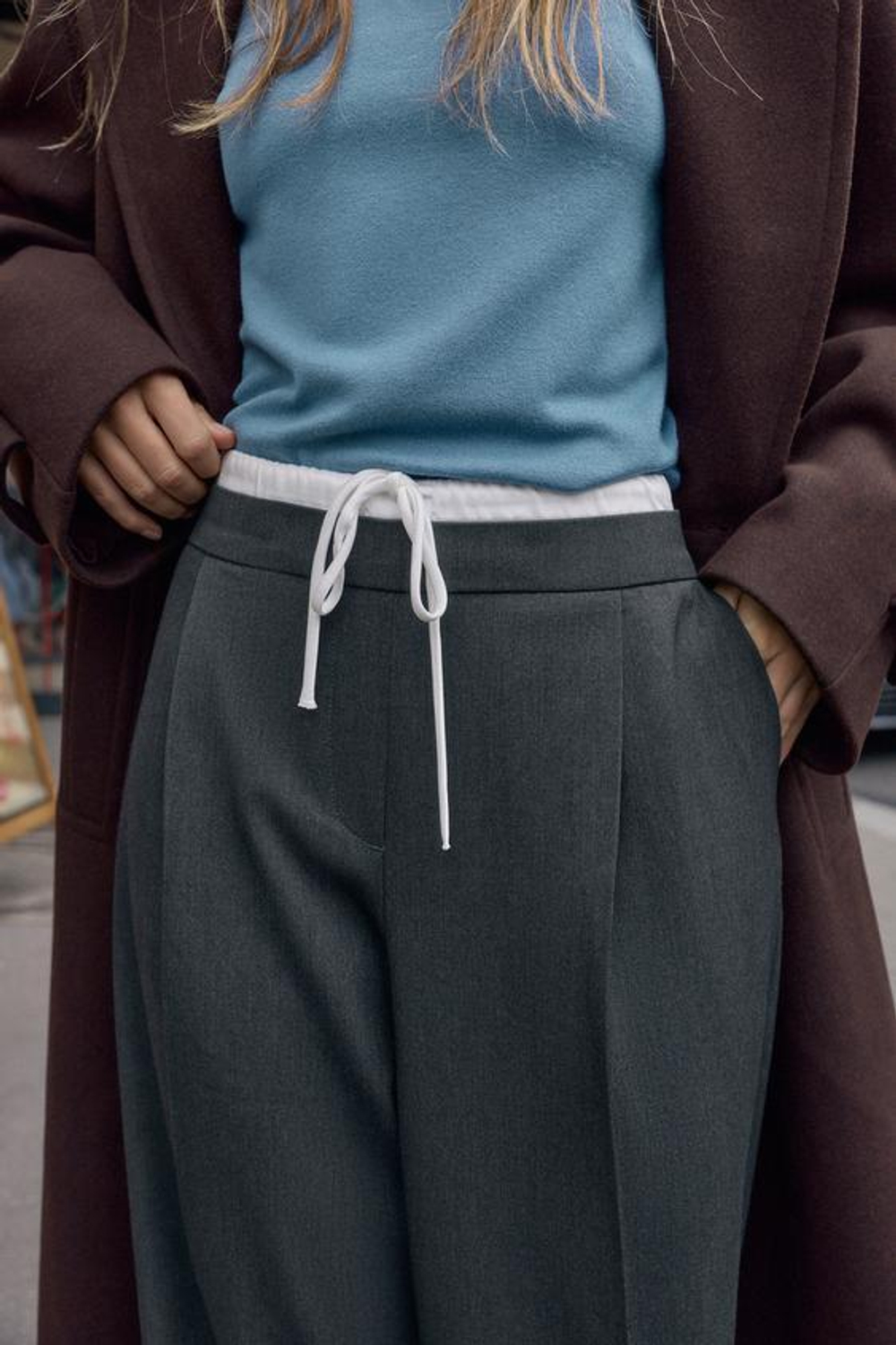 ZARA БРЮКИ С ШИРОКИМ ДВОЙНЫМ ПОЯСОМ, АНТРАЦИТОВО-СЕРЫЙ