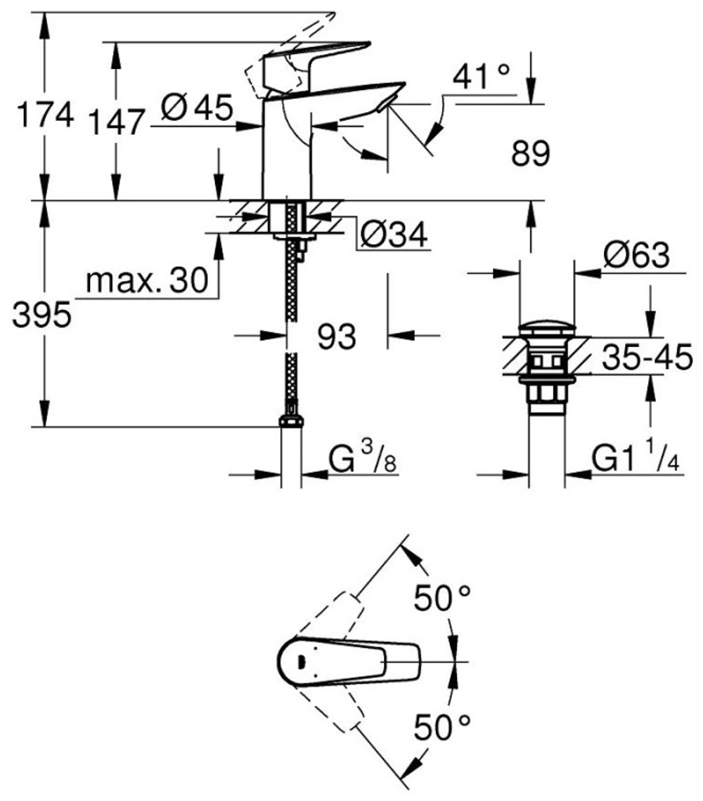 Смеситель для раковины GROHE Start Edge QuickFix с нажимным донным клапаном, S-Size, хром (24199001)