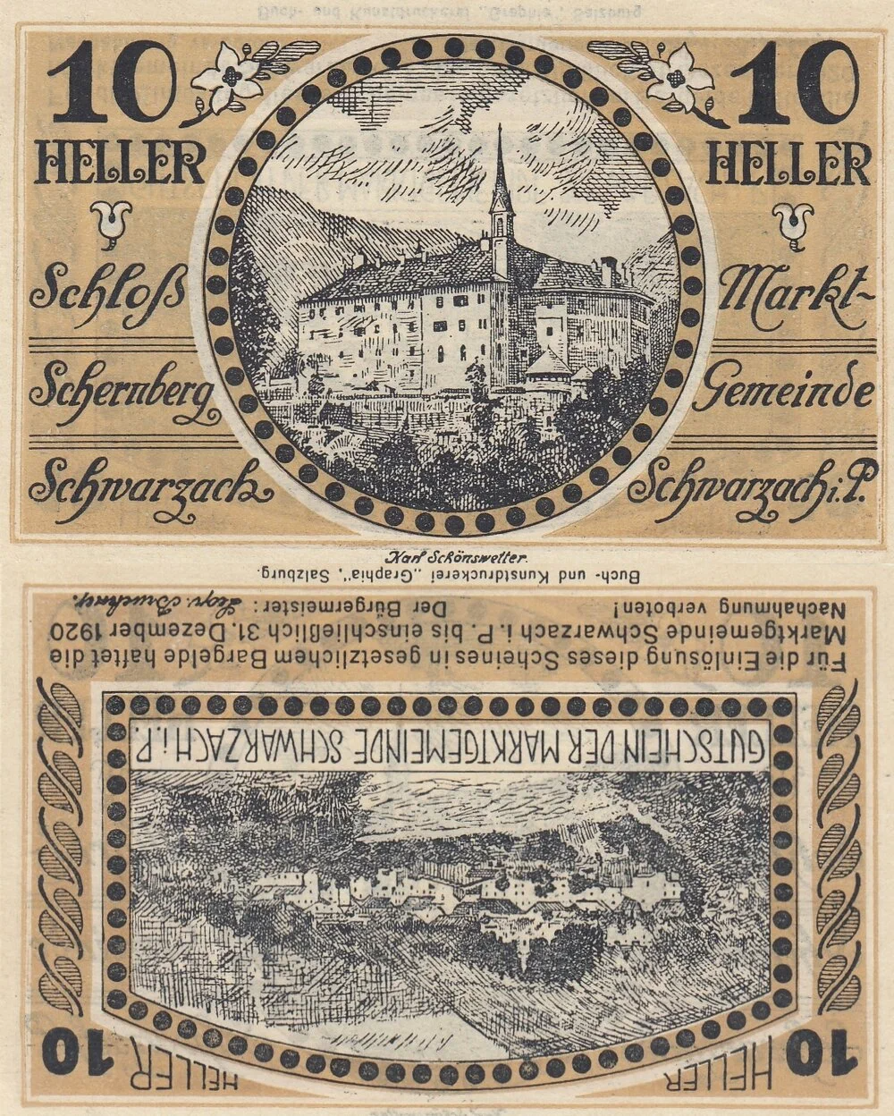 Австрия 10 геллеров 1920 Шварцах-им-Понгау aUNC