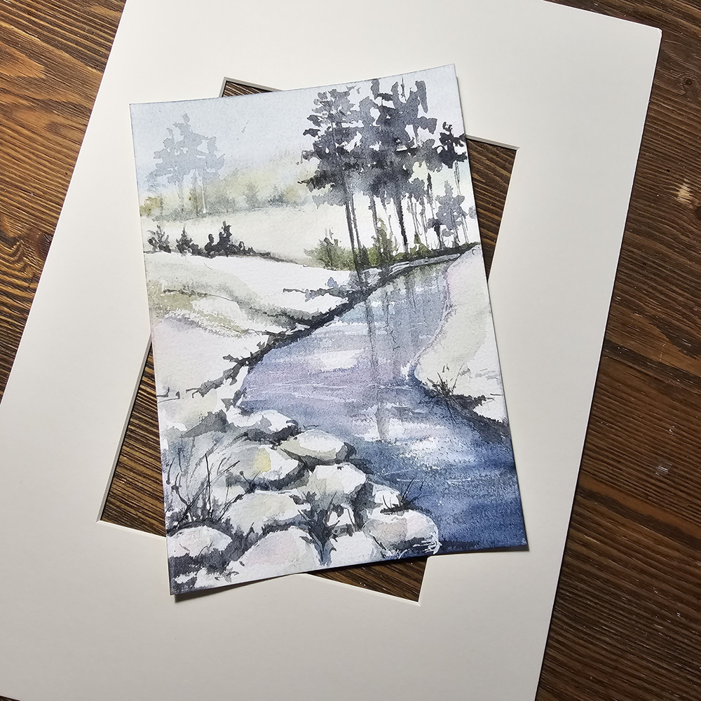 Картина авторская акварельная в паспарту 21х30 см на стену для интерьера "Речка"