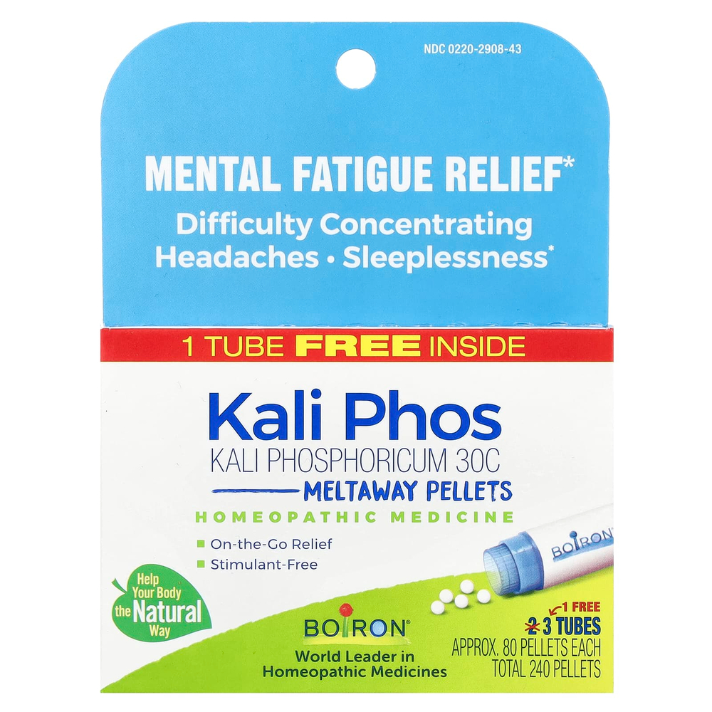 Boiron, Kali phosphoricum, средство для снятия умственной усталости, гранулы для рассасывания, 30C, 3 тюбика, прибл. 80 гранул в каждой