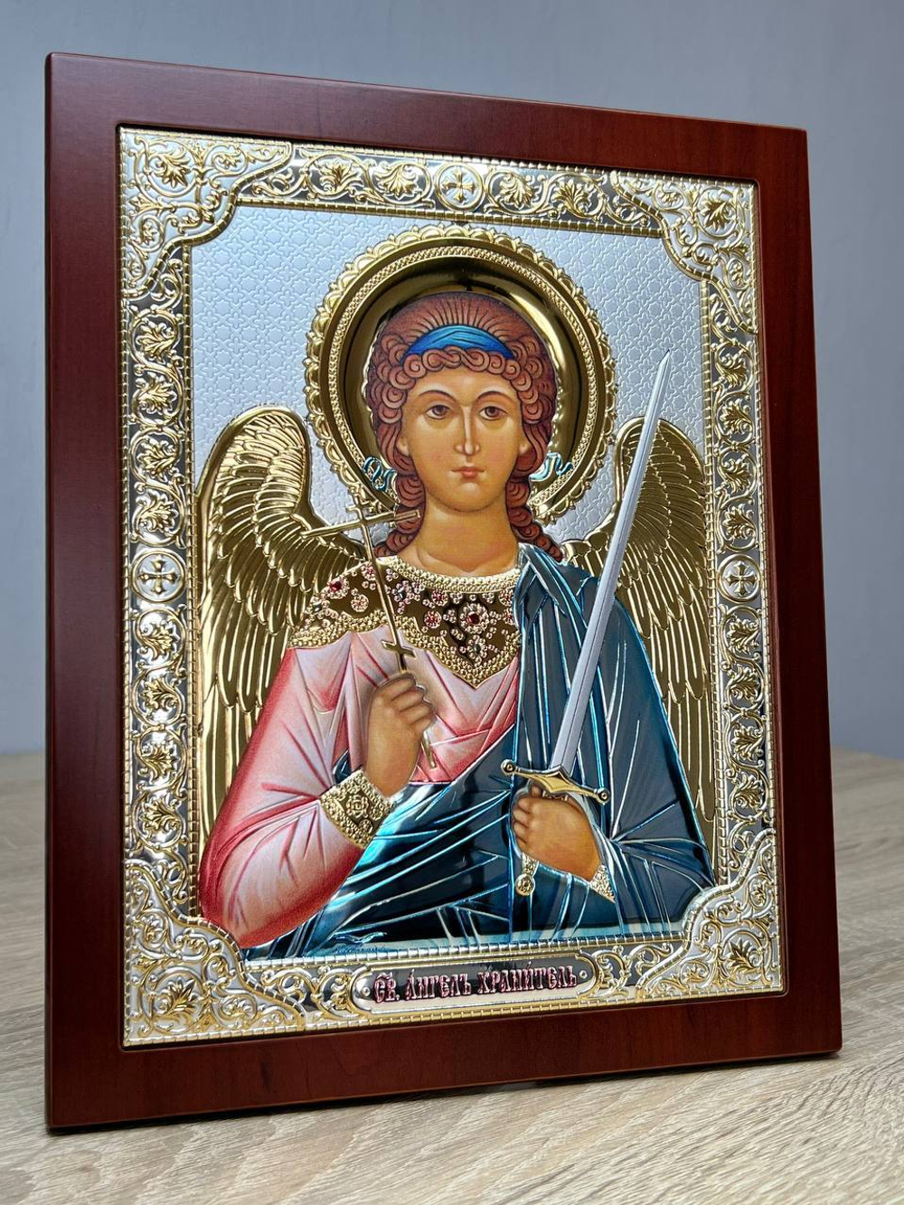 Ангел Хранитель, икона прямоугольная с рамкой, красное дерево, эмаль 185х235
