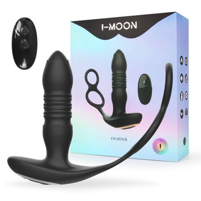 Черный анальный вибромассажёр с возвратно-поступательными движениями и кольцами для фиксации (Цвет: черный)