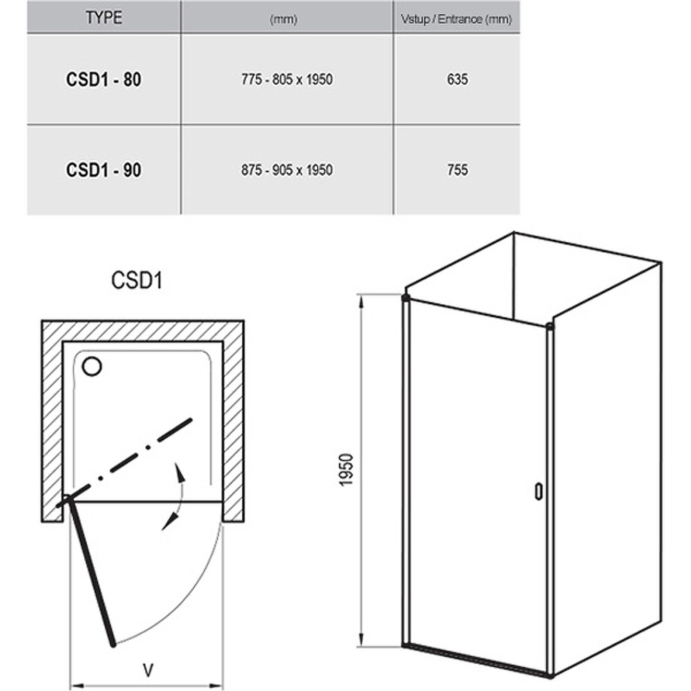 Душевая дверь Ravak Chrome CSD1-80 0QV40100Z1 профиль Белый стекло Transparent