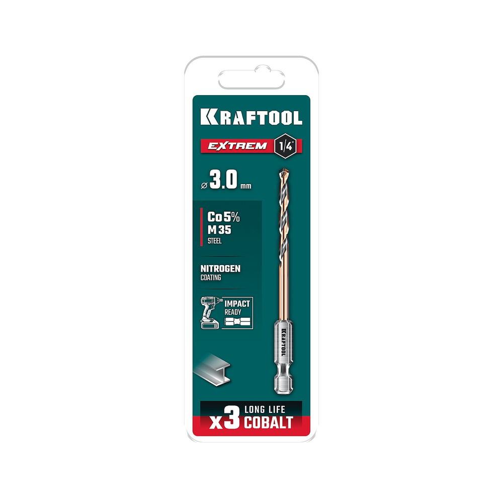 KRAFTOOL НЕХ-1/4″, d 3,0 х 72 мм, сверло по металлу для винтовёртов и шуруповертов IMPACT READY (29652-3)