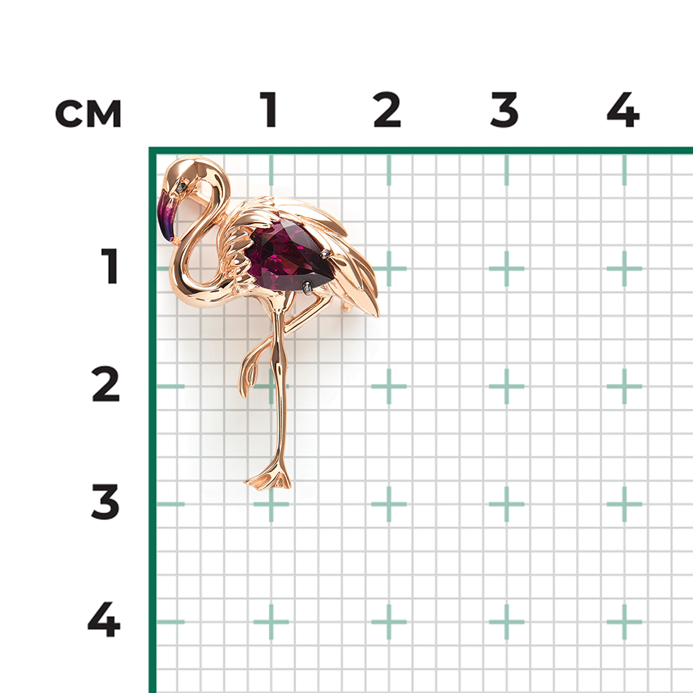 Брошь «Розовый фламинго» из красного золота с гранатом и эмалью