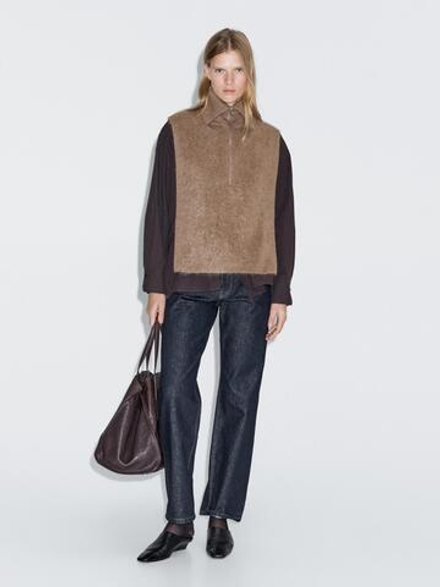 Massimo Dutti Манишка из 100% кашемира с застежкой-молнией, бежевый