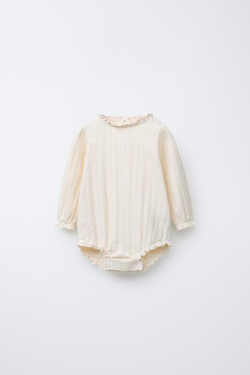 ZARA ПЕРФОРИРОВАННОЕ БОДИ С КРУЖЕВОМ, СВЕТЛО-БЕЖЕВЫЙ