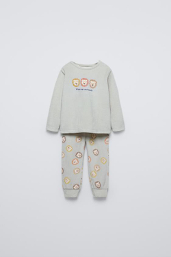 ZARA ПИЖАМА ИЗ ВЕЛЮРА С ПРИНТОМ «ЛЬВЯТА», СВЕТЛО-ЗЕЛЕНЫЙ