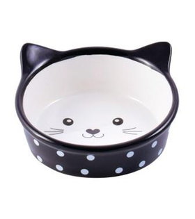 Mr.Kranch Миска керамическая для кошек Мордочка кошки 250 мл черная в горошек
