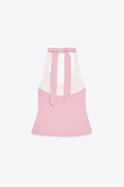 ZARA ТОП С ГОРЛОВИНОЙ ХАЛТЕР И БАНТОМ НА СПИНЕ, РОЗОВЫЙ/БЕЛЫЙ