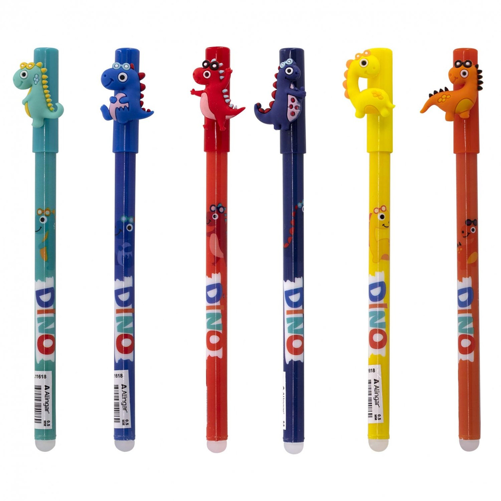 Ручка гелевая пиши-стирай Alingar, "Dino", 0,5 мм, синяя, фигурный колпачок, иголь. наконечник, круглый, цветной, пластиковый корпус, карт. уп.