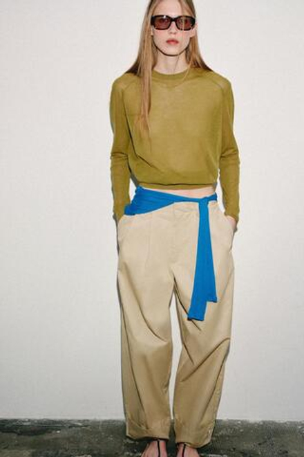 ZARA ТОНКИЙ СВИТЕР С ПЛЕЧЕВЫМИ ШВАМИ, ОЛИВКОВЫЙ