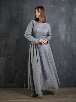 Платье с кушаком /серо-голубая клетка