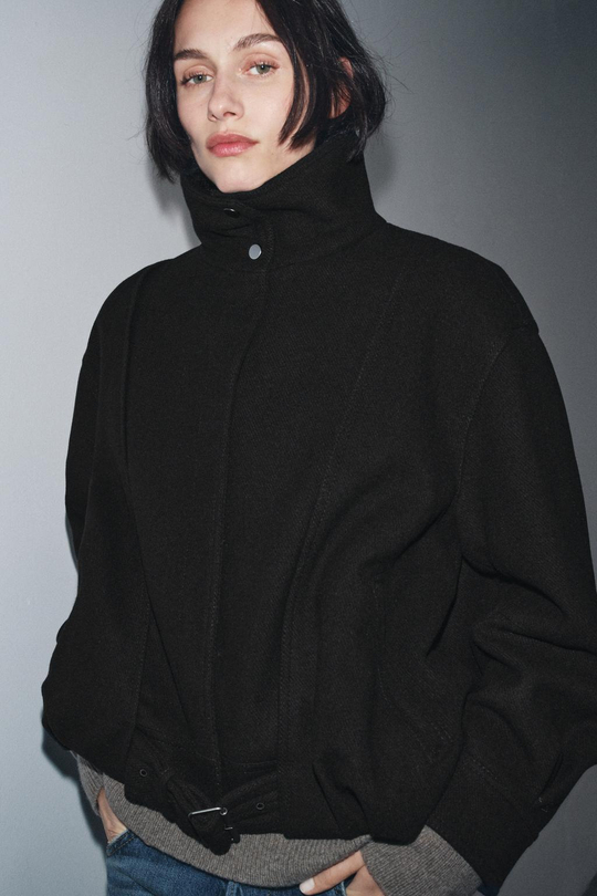 ZARA МИНИМАЛИСТИЧНАЯ КУРТКА-БОМБЕР С ШЕРСТЬЮ — ZW COLLECTION, ЧЕРНЫЙ
