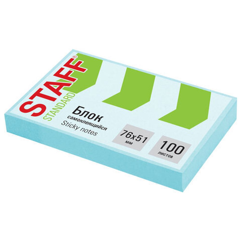 Блок самоклеящийся (стикеры) STAFF STANDARD, ПАСТЕЛЬНЫЙ 76х51 мм, голубой, 100 листов, 116582