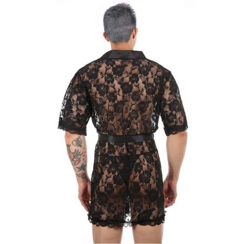 Мужской халат кружевной черный Romeo Rossi 9093-2