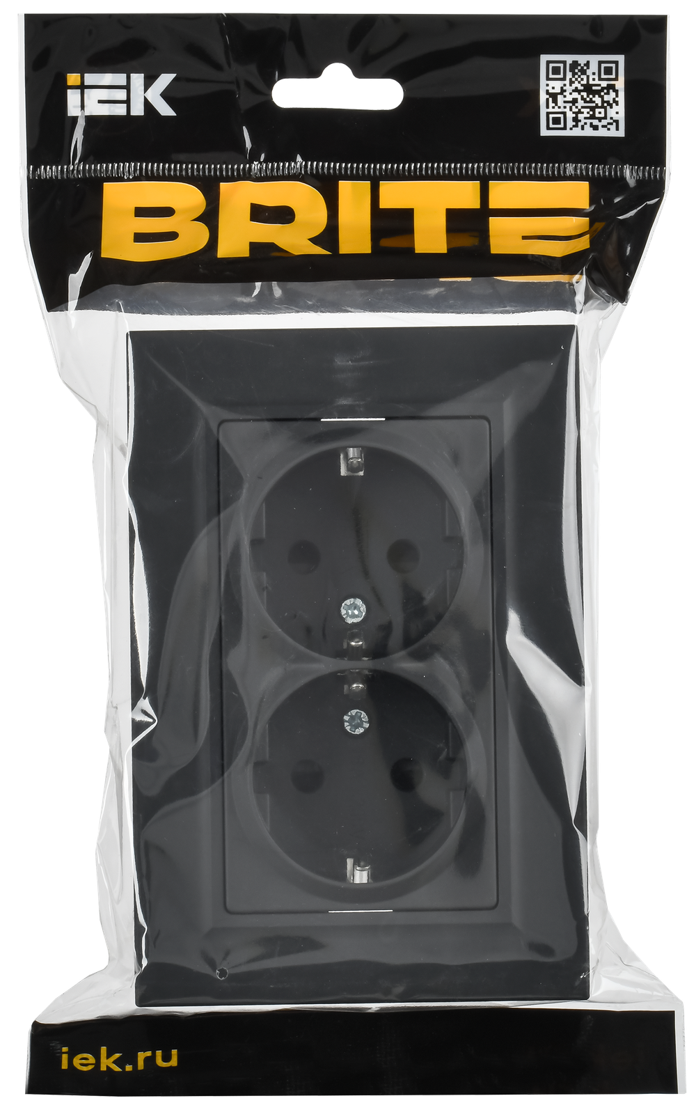 BRITE Розетка 2-местная с заземлением с защитными шторками плоская 16А в сборе РСшПл12-3-БрГ графит IEK