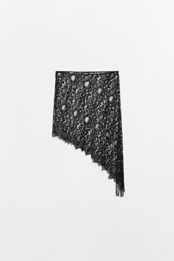 ZARA АСИММЕТРИЧНАЯ КРУЖЕВНАЯ ЮБКА МИДИ, ЧЕРНЫЙ