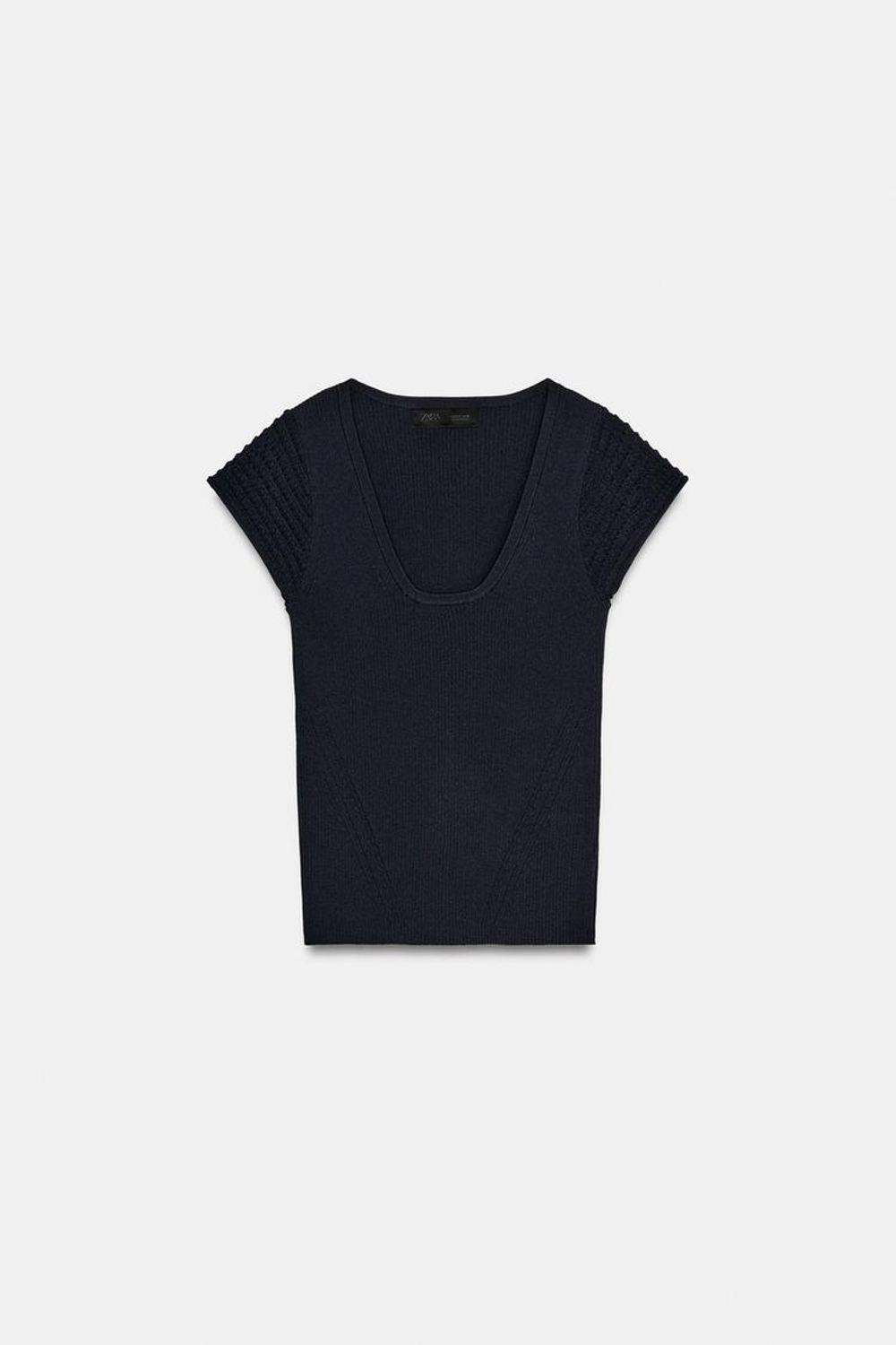 ZARA ТРИКОТАЖНЫЙ ТОП С КОМБИНИРОВАННЫМИ РУКАВАМИ, МОРСКОЙ СИНИЙ