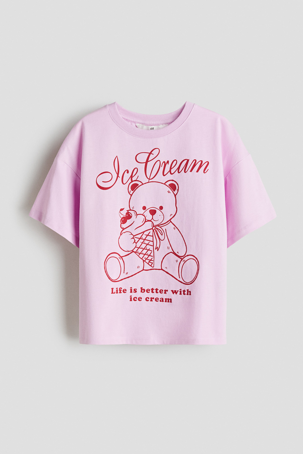 H&M Хлопковая футболка оверсайз с принтом, розовый