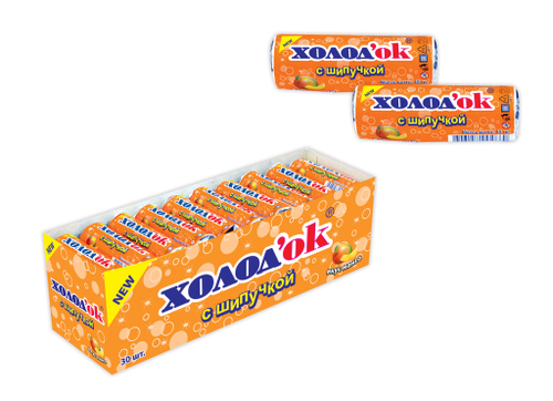 Конфеты таблетированные "Холодок" со вкусом МАНГО (с шипучкой), в стике ; 24*30шт*15гр.