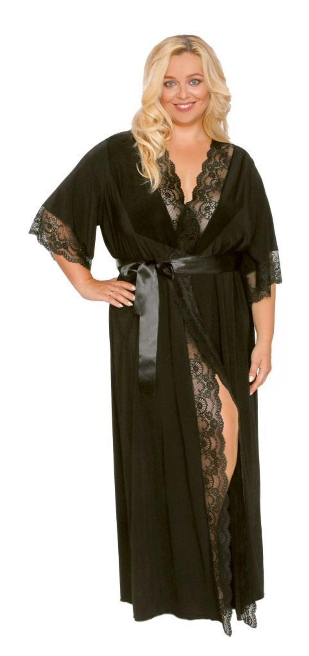 Длинный пеньюар с изящным кружевом и атласным поясом (Размер: XL) (Цвет: темно-синий)