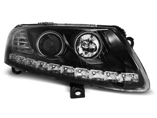 Передние фары Audi A6 C6 angel eyes led black