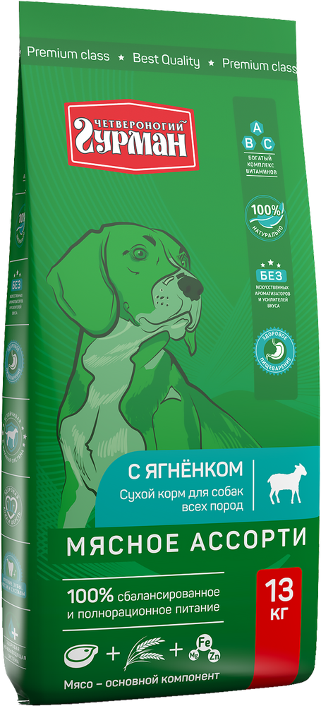 Корм сухой для собак Четвероногий гурман &quot;Мясное ассорти с ягненком&quot;, 13 кг