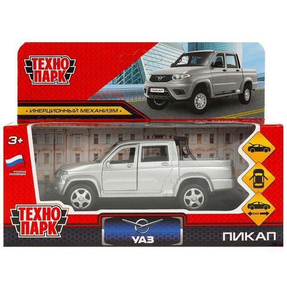 Модель ин. мет. "УАЗ Пикап" 12см, двери, багаж, серебристый, коробка PICKUP-12-SR (Технопарк)
