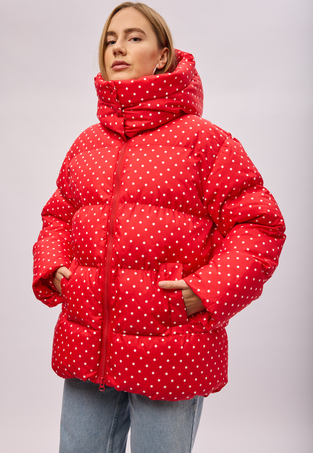 Пуховик Рокет миди красный в горох