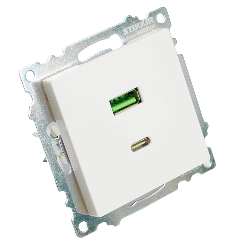 Розетка USB 2-местная + type C (механизм), STEKKER GLS10-7116-01, 250В, 3А, max 20W, серия Катрин, белый 50051