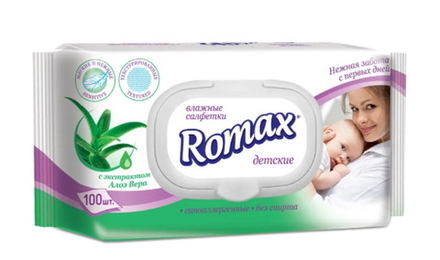 Салфетки влажные детские с экстратом Алоэ 100шт Romax