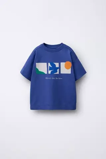 ZARA ФУТБОЛКА С ГЕОМЕТРИЧЕСКИМ ПРИНТОМ, ЯРКО-СИНИЙ
