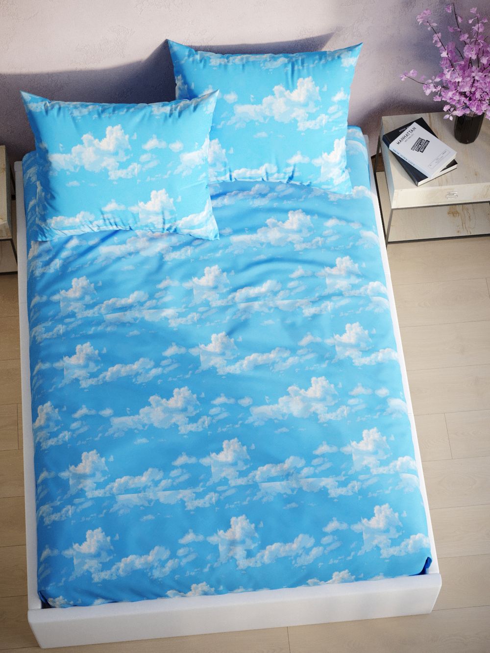 Постельное белье перкаль Сказка "Сlouds" семейное Наволочка 50х70 см 2 шт Простынь на резинке 160x200 см Пододеяльник 145x215 см 2шт